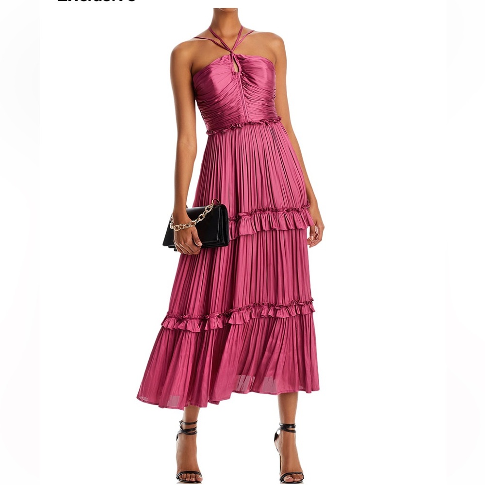 Aqua Magenta Ruched Halter Tiered Midi Dress